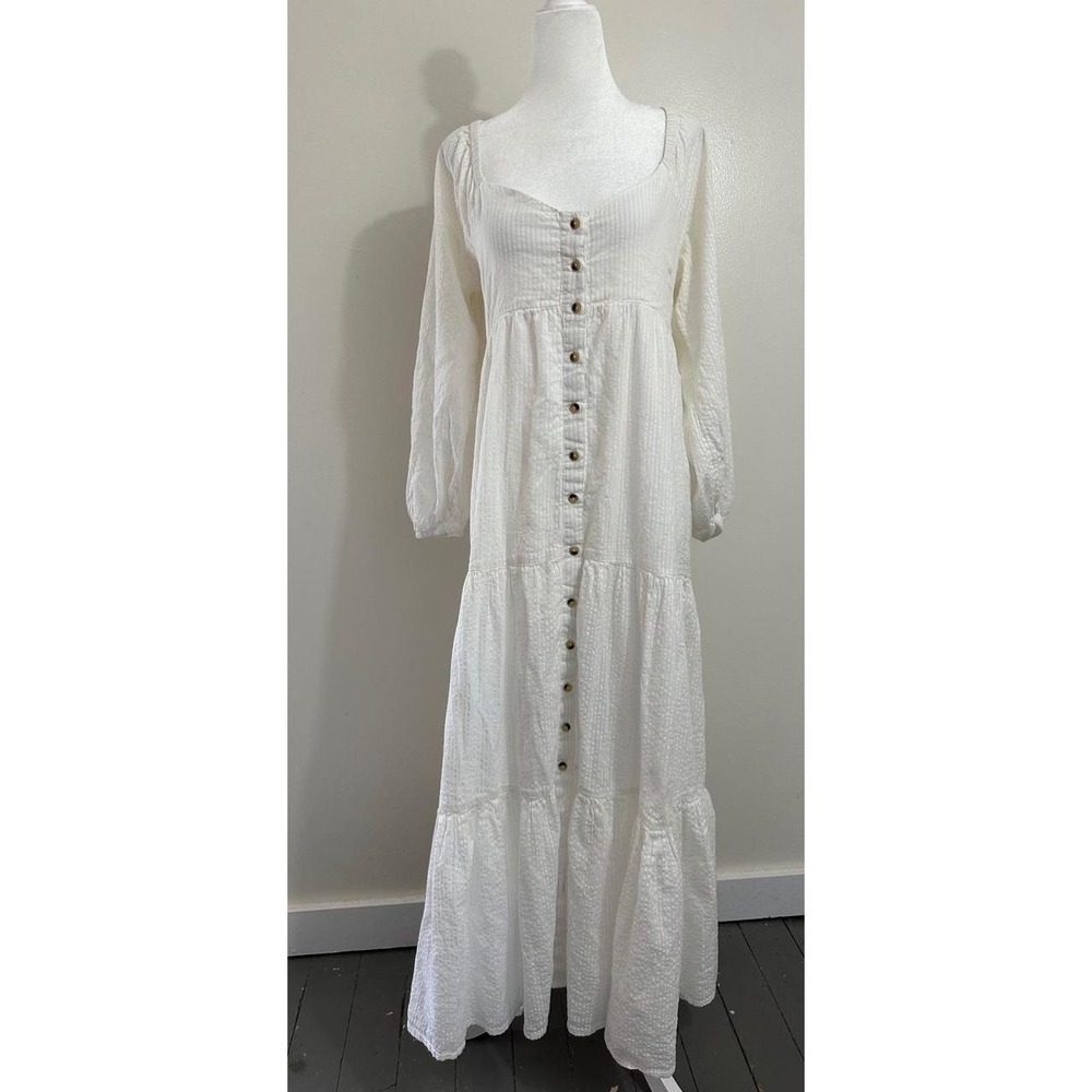 Billabong White Seersucker Maxi Dress Long Sleeve Tiered Button Front Boho Small